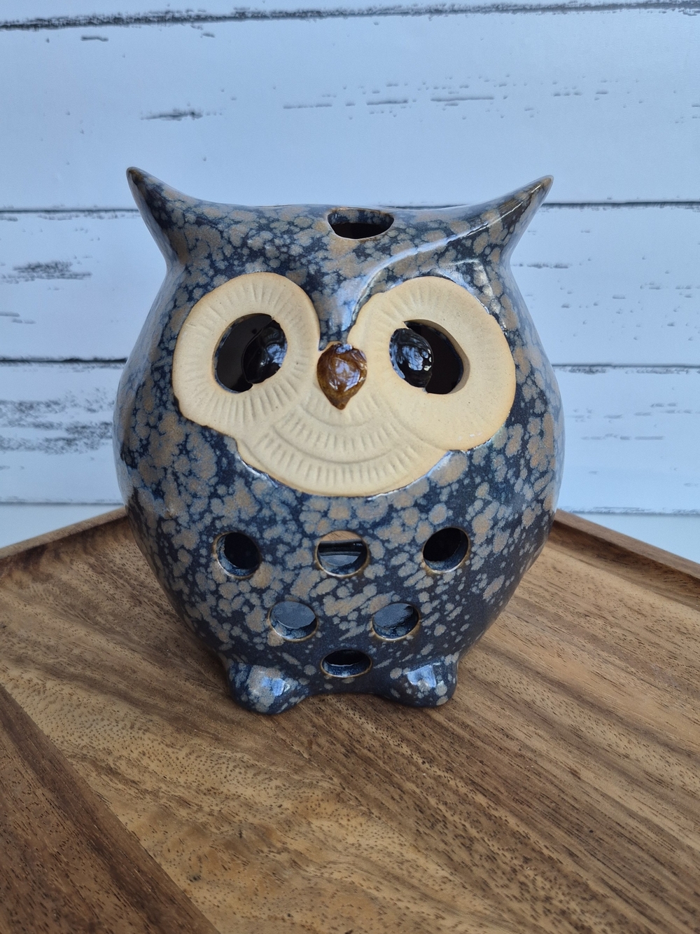 Vintage Ceramic Owl Tea Light Candle Holder Luminary Drip Glaze